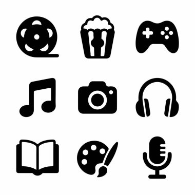 A collection of nine simple glyph icons representing various forms of media and entertainment including film, music, gaming, art, photography, and reading.