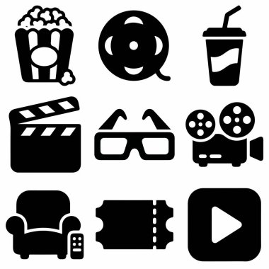 Patlamış mısır, film makarası, soda, klapa, 3D gözlük, projektör, koltuk, bilet ve bir çalma düğmesi de dahil olmak üzere dokuz siyah simge seti..