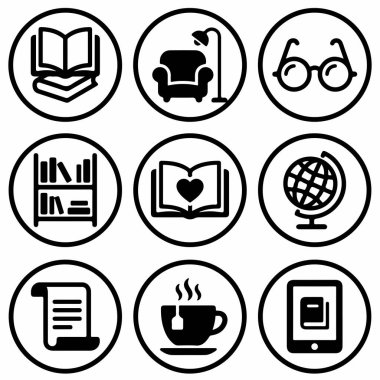 Okumayı, kitapları ve bilgiyi temsil eden dokuz dairesel ikondan oluşan bir koleksiyon. Bir kitaplık, e-okuyucu, gözlük, küre ve rahat bir koltuk içerir..