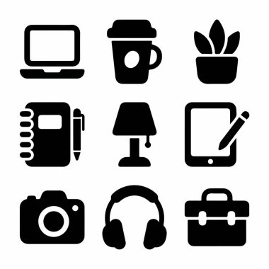 A collection of nine black silhouette icons representing modern work and lifestyle objects including a laptop, coffee, camera, headphones, and notebook on a white background.