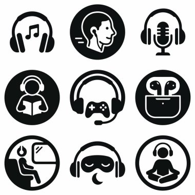 Müzik, oyun, podcast, okuma ve meditasyon da dahil olmak üzere çeşitli kulaklık kullanımlarını gösteren dokuz siyah ve beyaz simge koleksiyonu.