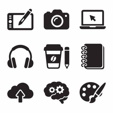 A collection of nine black and white icons representing tools and concepts for creative professionals including a graphics tablet, camera, laptop, headphones, coffee, notebook, cloud upload, brain with gears, and an artist palette.