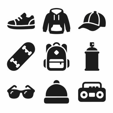 Spor ayakkabı, kapüşon, kaykay, sırt çantası, sprey kutu, güneş gözlüğü, bere ve kasetçalar da dahil olmak üzere şehir yaşamını ve sokak kıyafetlerini temsil eden dokuz siyah beyaz simge koleksiyonu..