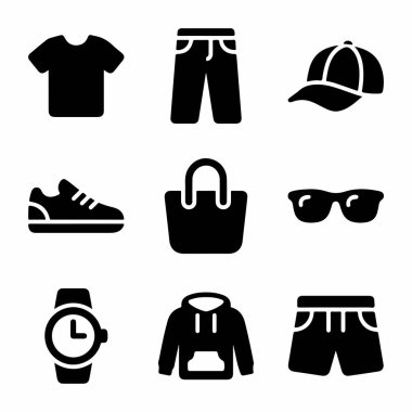 Tişört, pantolon, şapka, spor ayakkabı, çanta, güneş gözlüğü, saat, kapüşon ve şort gibi moda ve giyim eşyalarının yer aldığı dokuz basit siyah beyaz simge koleksiyonu..