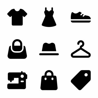 Moda, perakende ve giyim ile ilgili dokuz basit siyah siluet simgesi koleksiyonu. Tişört, elbise, ayakkabı, el çantası, şapka, askılık, dikiş makinesi, alışveriş çantası ve fiyat etiketi içerir.