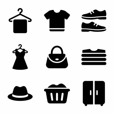 Çeşitli giyim ve moda ürünlerini temsil eden dokuz siyah simge koleksiyonu. Tişört, elbise, ayakkabı, şapka, çanta, gardırop ve çamaşır sembolleri içerir.