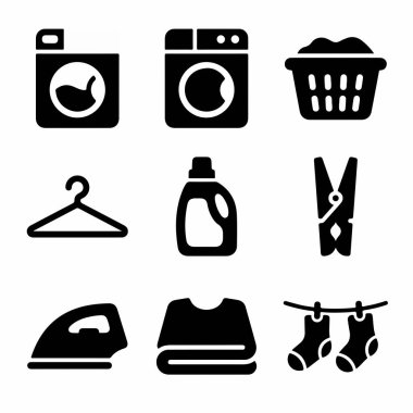 Çamaşır ve giysi bakımıyla ilgili dokuz siyah katı ikondan oluşan bir koleksiyon. Grafik tasarımı için çamaşır makinesi, çamaşır sepeti, deterjan, demir, askı ve çamaşır ipi sembolleri içerir.