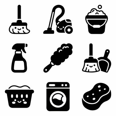 Dokuz basit siyah beyaz simge koleksiyonu çeşitli temizlik araçlarını ve etkinlikleri temsil ediyor. Bir paspas, vakum, kova, sprey şişesi, toz bezi ve çamaşır makinesi de dahil..
