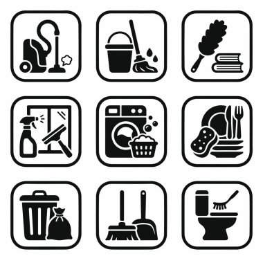 Temizlik hizmetleri, süpürme, temizlik, toz alma, çamaşır yıkama, bulaşık yıkama ve çöp öğütücüyü de içeren dokuz adet tek renkli simge..