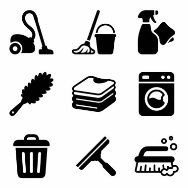 İç veya ticari kullanım için vakum, paspas, çamaşır ve çöp tenekesi de dahil olmak üzere çeşitli temizlik araçlarını ve etkinlikleri temsil eden dokuz düz vektör simgesinden oluşan bir koleksiyon.