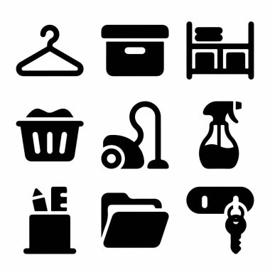 Bir askı, depo kutusu, çamaşır sepeti, vakum, sprey şişesi ve anahtar dahil olmak üzere ev hayatını, temizliği ve organizasyonu temsil eden dokuz siyah sembolden oluşan bir koleksiyon..