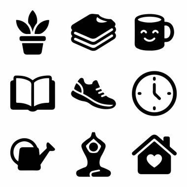 Yoga, okuma, bahçıvanlık ve dengeli bir günlük rutin için egzersiz de dahil olmak üzere sağlık aktivitelerini ve ev yaşamını temsil eden dokuz basit simge koleksiyonu..