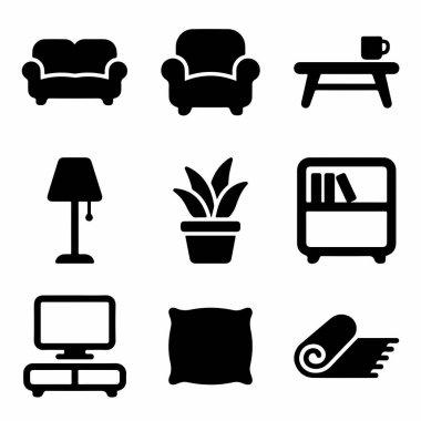 İç tasarım elementlerinin vektör grafik kümesi. Bir kanepe, koltuk, masa, lamba, bitki, kitaplık, televizyon, yastık ve halı için ikonlar içerir. Beyaz bir arkaplanda izole edilmiş.