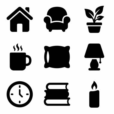 Bir ev, koltuk, bitki, kupa, yastık, lamba, saat, kitap ve mum da dahil olmak üzere ev hayatını ve rahatlamayı temsil eden dokuz basit simge koleksiyonu..