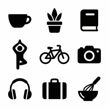 Çeşitli boş zaman aktivitelerini ve nesneleri temsil eden dokuz basit siyah simge koleksiyonu. Bir kahve fincanı, bitki, kitap, yoga pozu, bisiklet, kamera, kulaklık, bavul ve yemek pişirme aletleri içerir.