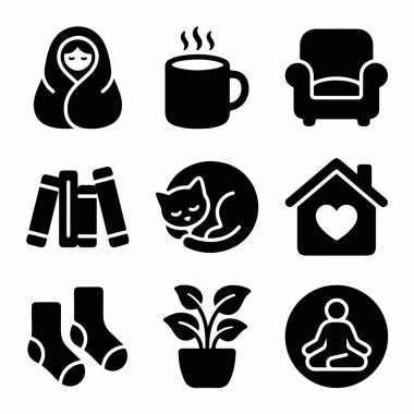 Rahat ve rahat bir yaşam tarzını temsil eden siyah simgelerden oluşan bir derleme. Battaniyeye, sıcak içeceğe, koltuğa, kitaplara, uyuyan kediye, sevgi dolu eve, sıcak çoraplara, ev bitkisine ve meditasyona birini dahil eder..