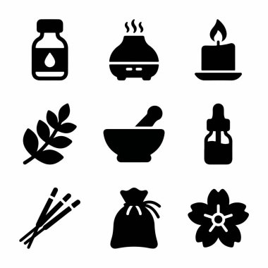 Aromaterapi ve spa elementlerini temsil eden dokuz siyah katı ikondan oluşan bir koleksiyon. Temel yağ, difüzör, mum, şifalı bitkiler, havan, damla, tütsü, kese ve çiçek içerir.