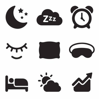 Uyku, dinlenme ve uyanma ile ilgili dokuz katı siyah ikon koleksiyonu. Ay, yatak, alarmlı saat, yastık, uyku maskesi ve uyku takip grafikleri içerir.