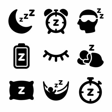 Uyku, dinlenme ve gece vaktini temsil eden dokuz siyah simge koleksiyonu. Ay, çalar saat, yastık, uyuyan insan ve enerji şarj sembollerini içerir.
