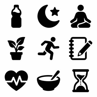 Sıvı alma, uyku, meditasyon, egzersiz, beslenme ve dengeli bir yaşam için planlama gibi sağlıklı alışkanlıkları temsil eden dokuz basit siyah ikondan oluşan bir derleme..