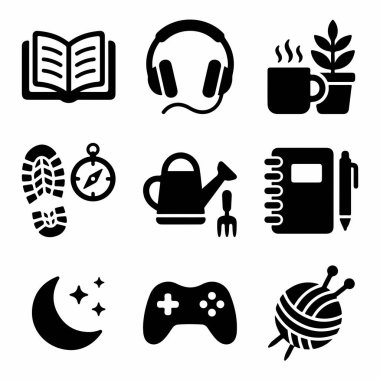 A set of nine solid black icons representing various hobbies and pastimes. Includes symbols for reading, listening to music, gardening, hiking, gaming, and knitting, isolated on a white background.