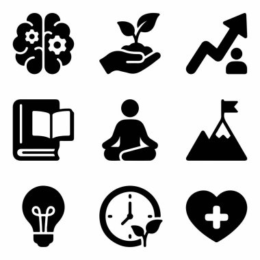 Kişisel gelişim kavramlarını, zihniyet, öğrenme, hedefler, sağlık, meditasyon ve başarı da dahil olmak üzere dokuz siyah katı simgenin bir araya getirilmesi.