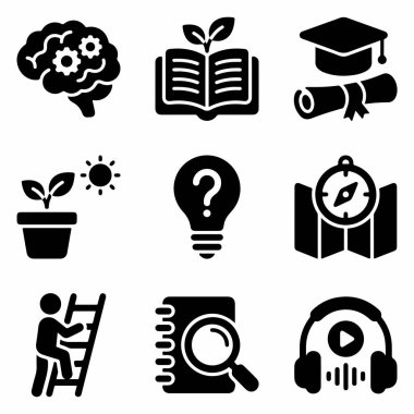 Beyaz arkaplanda dokuz siyah katı simge koleksiyonu. Simgeler bilgi, öğrenme, mezuniyet, büyüme, fikirler, keşif, ilerleme, araştırma ve ses öğrenimi gibi kavramları temsil etmektedir..