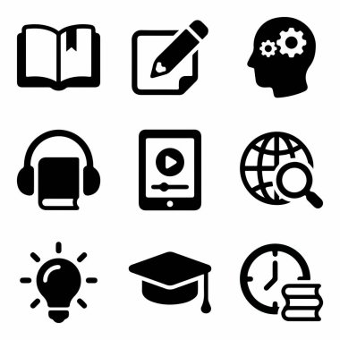 Eğitim, yazma, düşünme, sesli kitap, çevrimiçi kurs, araştırma, fikir, mezuniyet ve zaman sembollerini içeren bir vektör simgesi.