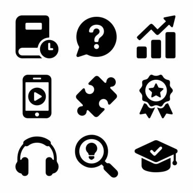 Çevrimiçi eğitim, öğrenme, araştırma, başarı ve dijital kullanım için bilgi edinme kavramlarını temsil eden dokuz basit siyah simge koleksiyonu.