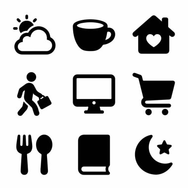 Sabah kahvesi, iş, alışveriş, yemek ve gece saatleri gibi günlük aktiviteleri temsil eden dokuz basit siyah beyaz simge koleksiyonu..