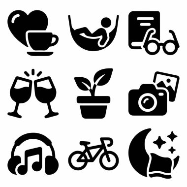 A versatile set of solid black glyph icons depicting various lifestyle and leisure activities including reading, music, cycling, photography, relaxation, and socializing.