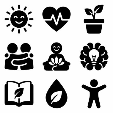 Sağlığı, meditasyonu, büyümeyi, mutluluğu ve dengeli ve pozitif bir yaşam tarzı için ilişkileri sembolize eden dokuz adet simge..