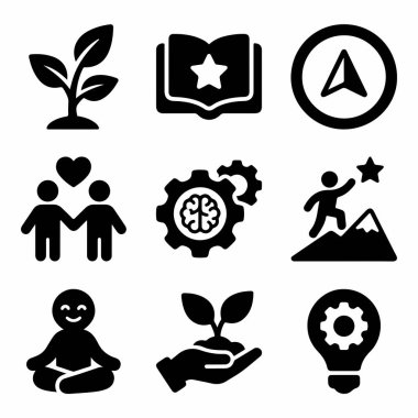 Büyüme, öğrenme, yön, ilişkiler, zihniyet, hedefler, meditasyon, beslenme ve yenilik gibi kavramları temsil eden dokuz siyah simge simgesi koleksiyonu.