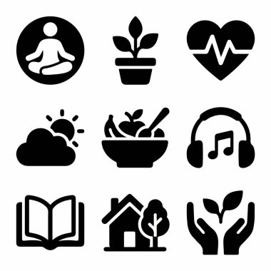 Siyah simgelerin toplanması dengeli ve sağlıklı bir yaşam tarzını temsil ediyor. Meditasyon, doğa, sağlıklı beslenme, müzik, okuma ve kalp sağlığı sembolleri içerir.