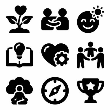 Farkındalık, başarı, takım çalışması, bilgi ve mutluluk gibi kişisel gelişim kavramlarını temsil eden dokuz vektör ikonundan oluşan bir derleme. Beyaz bir arkaplanda izole edilmiş.