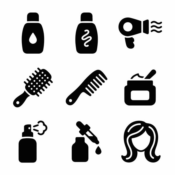 A collection of nine black vector icons representing hairdressing tools and beauty products like shampoo, a hairdryer, comb, brush, spray, and serum for salon or personal care concepts.