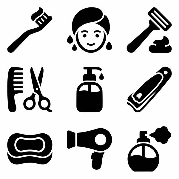 A collection of nine solid black icons representing various personal care items like a toothbrush, razor, soap, hairdryer, and perfume, isolated on a white background.
