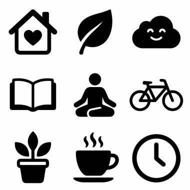 Ev, doğa, meditasyon, okuma, egzersiz ve rahatlama gibi dengeli ve sağlıklı bir hayatın kavramlarını temsil eden dokuz basit siyah ikondan oluşan bir derleme..