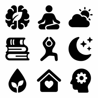 Refah, yoga, uyku, okuma ve ev de dahil olmak üzere bir dizi basit katı ikon. Dengeli ve sağlıklı bir yaşam tarzı için vektör sembolleri.