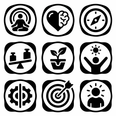 Farkındalık, duygusal zeka, hedefler, büyüme ve web ve uygulama tasarımı için denge gibi kavramları temsil eden dokuz düz sembol..