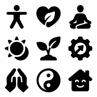 Beyaz arka planda yoga, yin yang, kalp ve büyüme sembolleri de dahil olmak üzere sağlık, sağlık ve ruhanilikle ilgili dokuz katı siyah ikondan oluşan bir set..