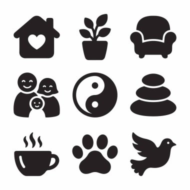 Bir ev, aile, yin yang, dengeli taşlar, bitki, koltuk, pençe izi, güvercin ve kahve fincanı da dahil olmak üzere uyumu ve ev hayatını sembolize eden dokuz düz simge koleksiyonu..