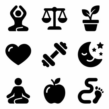 Yoga, denge, beslenme, aşk, egzersiz, uyku, meditasyon ve yürüme gibi sağlıklı bir yaşam tarzının kilit yönlerini temsil eden basit vektör simgelerinden oluşan bir derleme..
