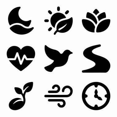 Tasarım projeleri için ay, güneş, çiçek, kalp, kuş, yol, filiz, rüzgar ve saat içeren dokuz basit simge koleksiyonu.