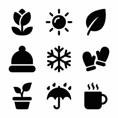 Dört mevsimi ve güneş yağmuru ve kar da dahil olmak üzere çeşitli hava koşullarını temsil eden dokuz basit siyah beyaz ikondan oluşan bir derleme. Şapka eldiveni ve sıcak içecek gibi nesneler içerir..