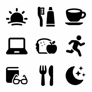 Uyanma, hijyen, yemek, iş, egzersiz ve uyku gibi tipik bir günlük programı gösteren dokuz basit siyah simge koleksiyonu.