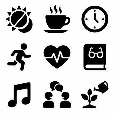 Dengeli bir yaşam için günlük aktiviteleri temsil eden dokuz basit simge koleksiyonu kahve okuma müziği ve büyüme de dahil olmak üzere..