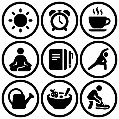 Yoga, egzersiz, sağlıklı yiyecekler, günlük tutma ve erken uyanma gibi sağlıklı yaşam tarzını ve sağlık aktivitelerini temsil eden dokuz basit dairesel ikondan oluşan bir derleme..