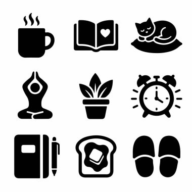 Barışçıl bir sabah rutinini temsil eden dokuz koyu siyah ikondan oluşan bir derleme. Kahve, okuma, yoga, kedi ve kahvaltı da dahil. Sağlık ve yaşam tarzı kavramları için mükemmel..