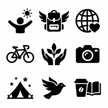 Seyahat, macera, doğa ve hobileri temsil eden dokuz basit simge koleksiyonu. Sırt çantası, bisiklet, kamera, çadır, küre ve kahve de dahil..